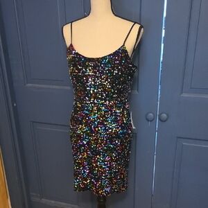 NWT Rainbow Sequin Spaghetti Strap Mini Dress Pink Satin Lining Fits Like Medium